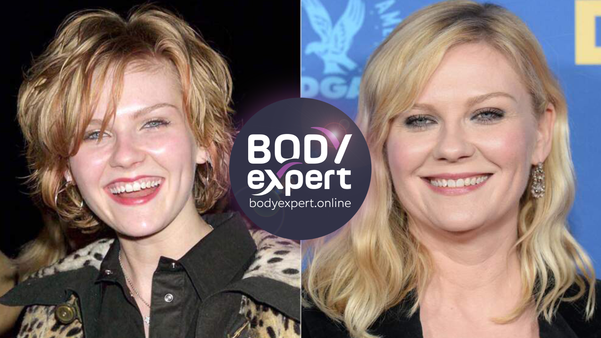 Kirsten Dunst jeune aux cheveux courts à côté d’un portrait récent, blonde souriante