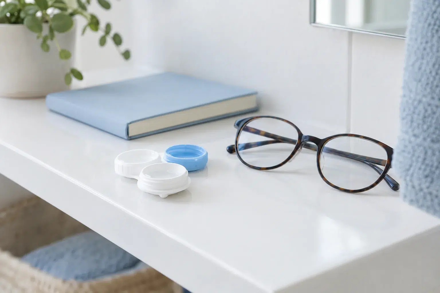 Contact lens case and glasses ready before the eye assessment