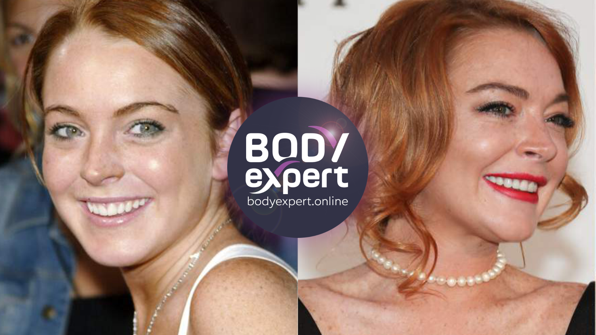 Lindsay Lohan rousse adolescente à côté d’un portrait récent, collier de perles