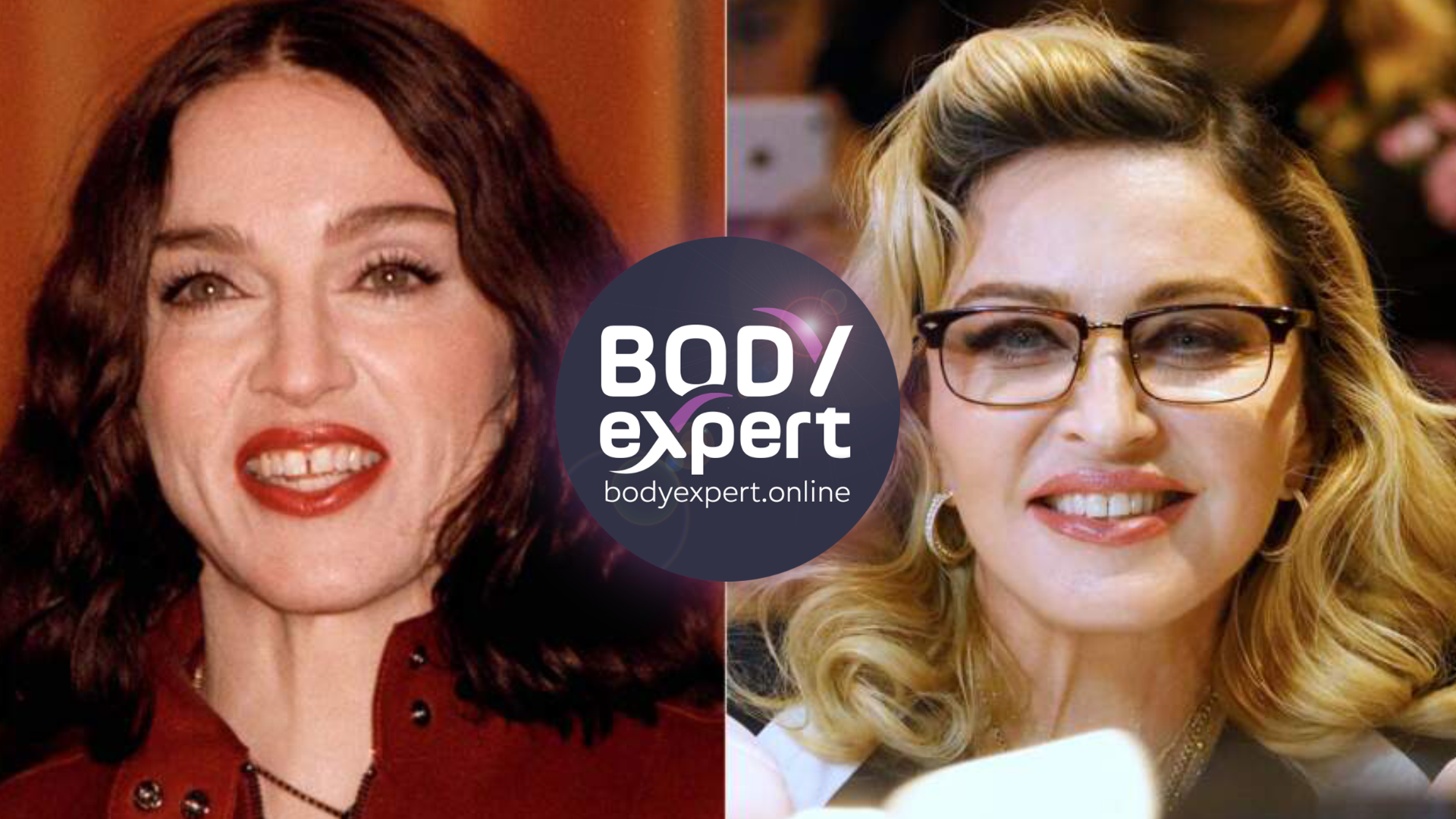 Deux portraits de Madonna côte à côte, cheveux bruns sur l’image ancienne, blonde et lunettes de vue sur l’image récente