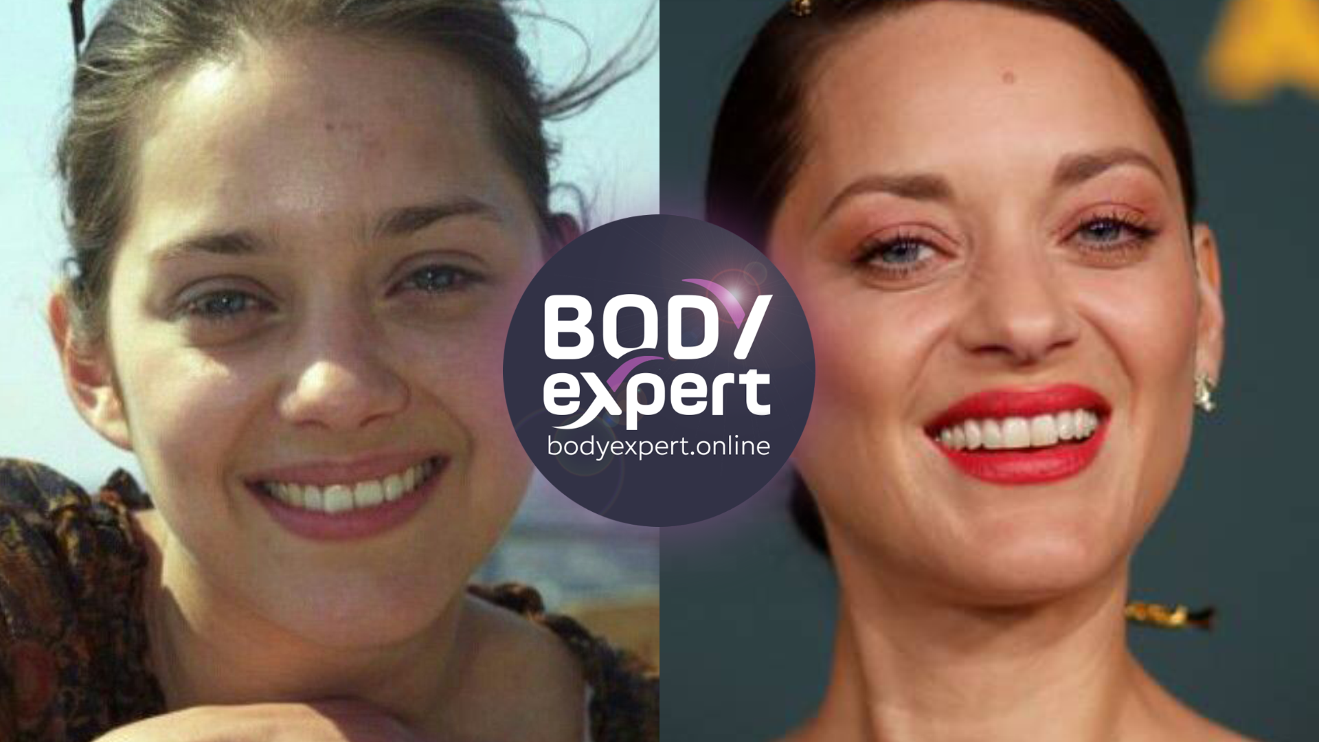 Deux portraits de Marion Cotillard, adolescente puis actrice confirmée aux cheveux auburn, souriante