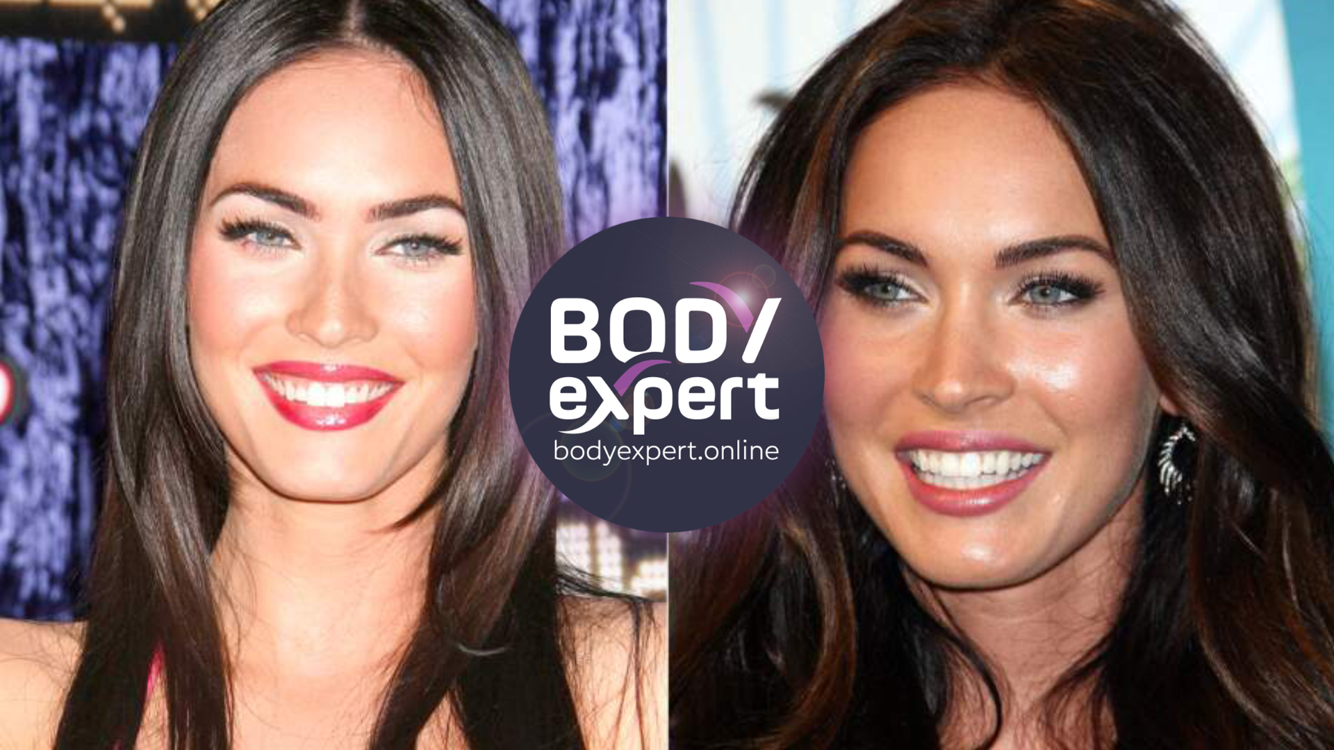 Deux portraits de Megan Fox aux cheveux bruns, maquillage soutenu sur l’image récente