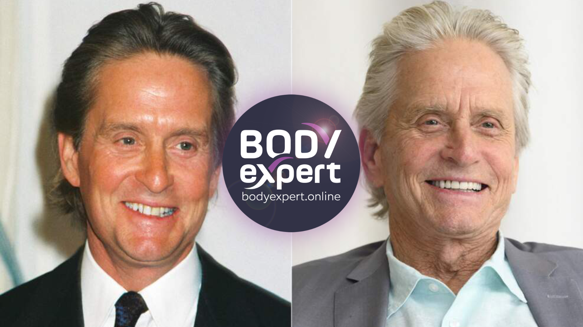 Michael Douglas en costume-cravate sur l’image ancienne, cheveux blancs sur l’image récente