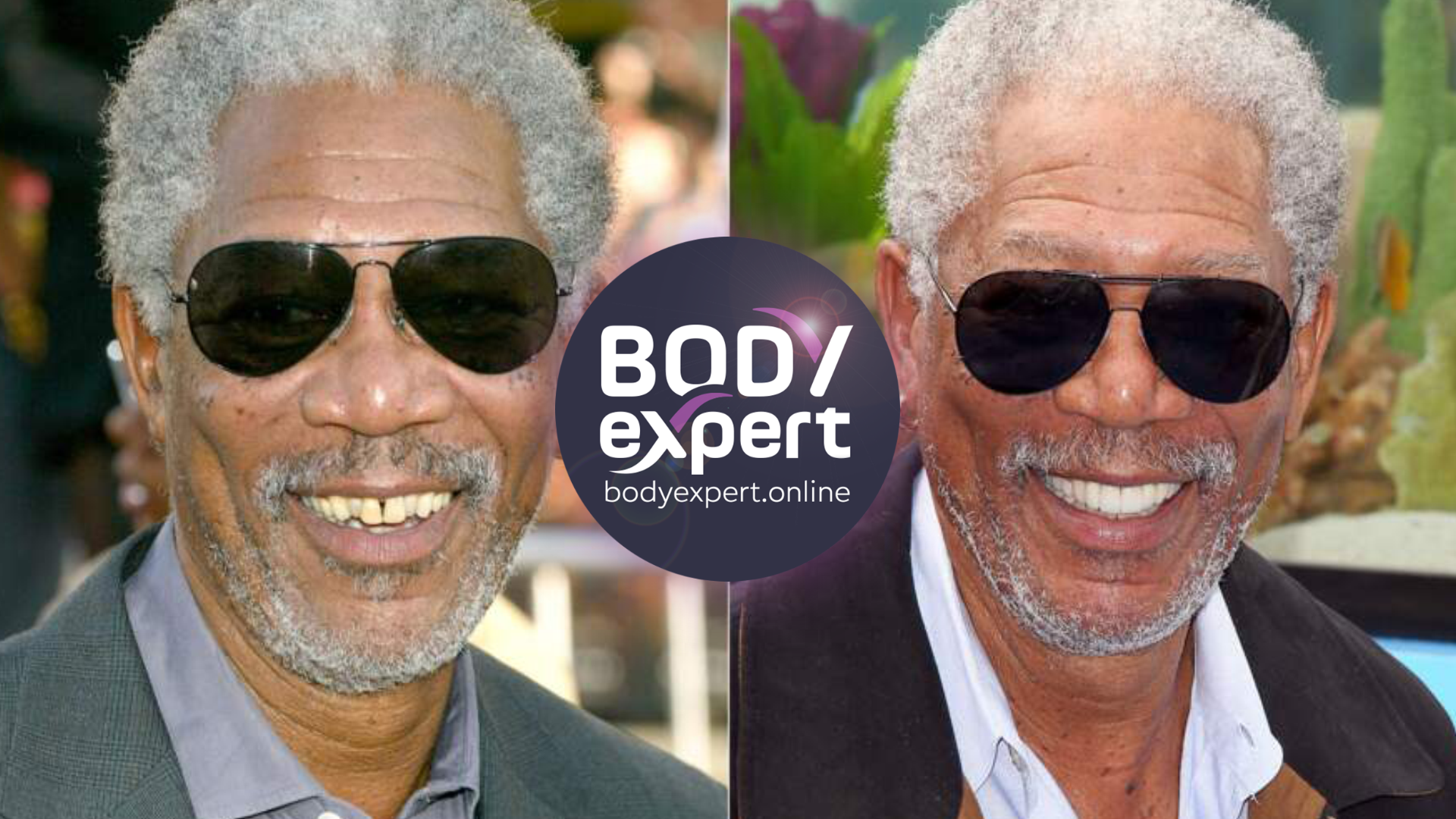Deux portraits de Morgan Freeman souriant, lunettes de soleil sur les deux images