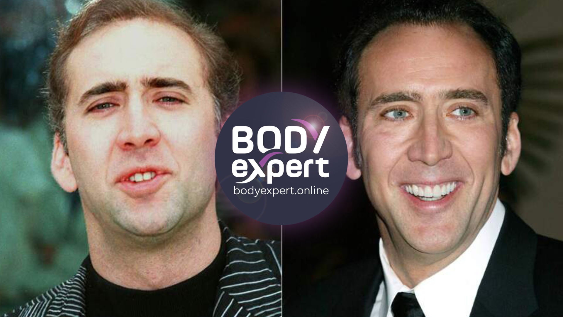 Nicolas Cage jeune, cheveux ébouriffés, à côté d’un portrait récent en costume sombre