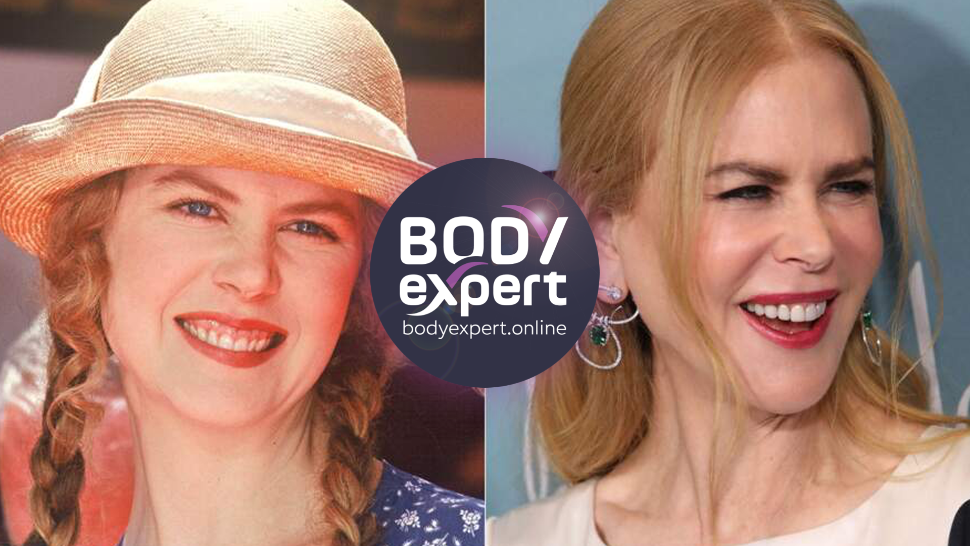 Nicole Kidman coiffée d’un chapeau de paille sur l’image ancienne, portrait récent souriant
