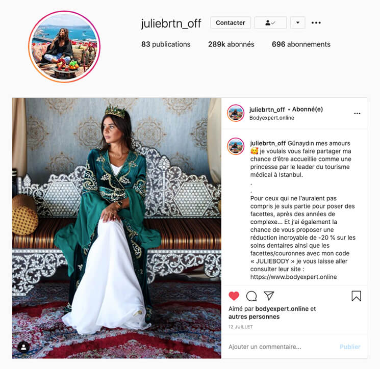 Screenshot of the @juliebrtn_off Instagram account, 289,000 followers, showing Julie Bertin in a green and white traditional dress and a crown, seated on an Ottoman bench inlaid with mother-of-pearl
