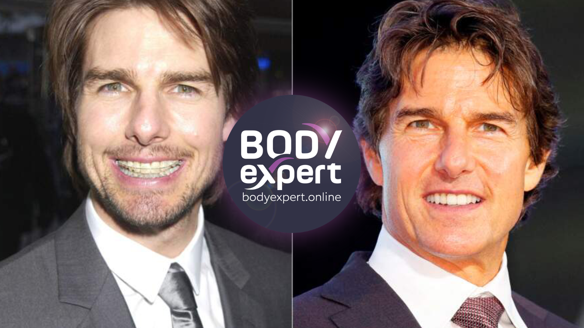 Deux portraits de Tom Cruise côte à côte, l’un ancien en costume sombre, l’autre plus récent, bouche souriante dans les deux cas