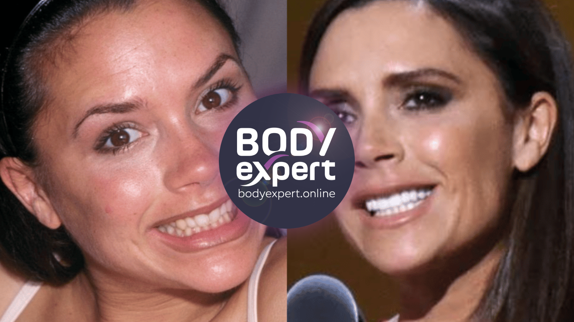 Victoria Beckham cheveux tirés et large sourire sur l’image ancienne, portrait récent en brune, micro devant elle